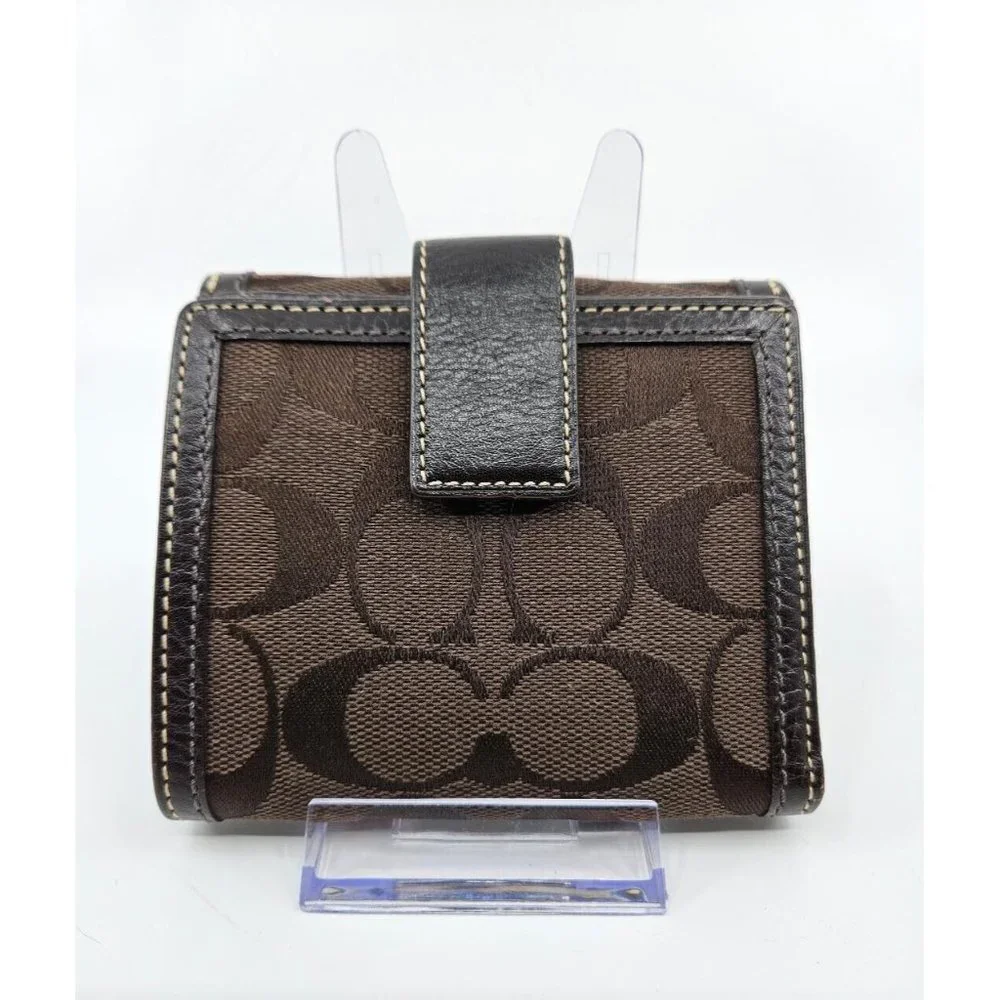 Coach Dark Chocolate Brown Signature Canvas Leather Tri-Fold Snap Wallet - Picture 2 of 13